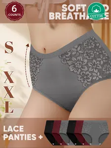 6Pack Cotton Women's High Waist Briefs with Lace Trim, Soft Breathable Shaping Underwear for All Seasons, Comfortable Fitted Women's Panties