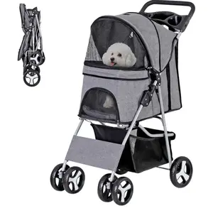 Foldable 4-Wheel Pet Stroller for Cats and Dogs, Travel-Friendly Outdoor Hands-Free Animal Carrier Cart