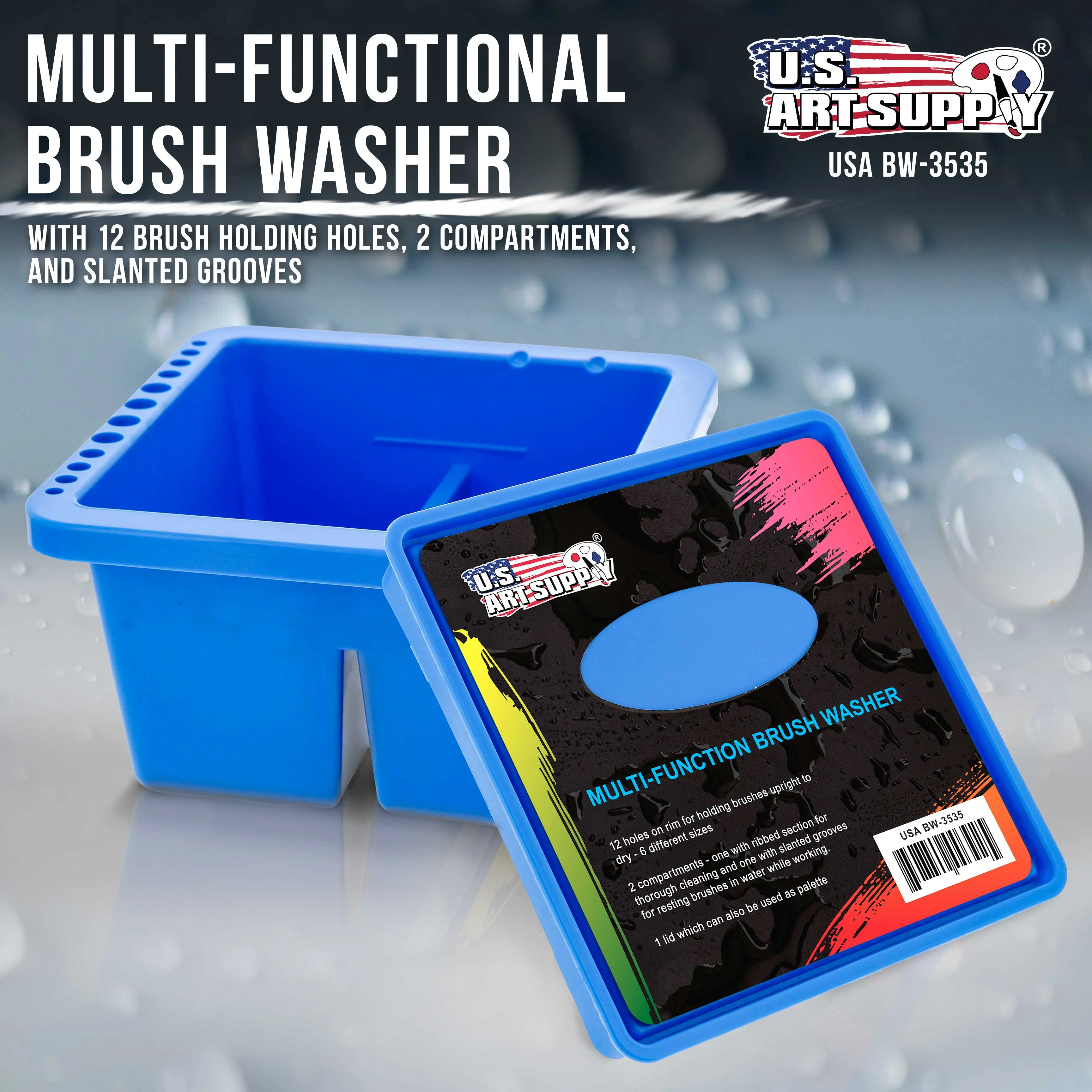 12-Hole Plastic Paint Brush Cleaner Washer & Paint Brush Holder with Palette Lid for Acrylic, Watercolor, Oil