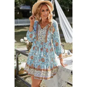 Floral Printed Button Down V Neck Long Sleeve Dress