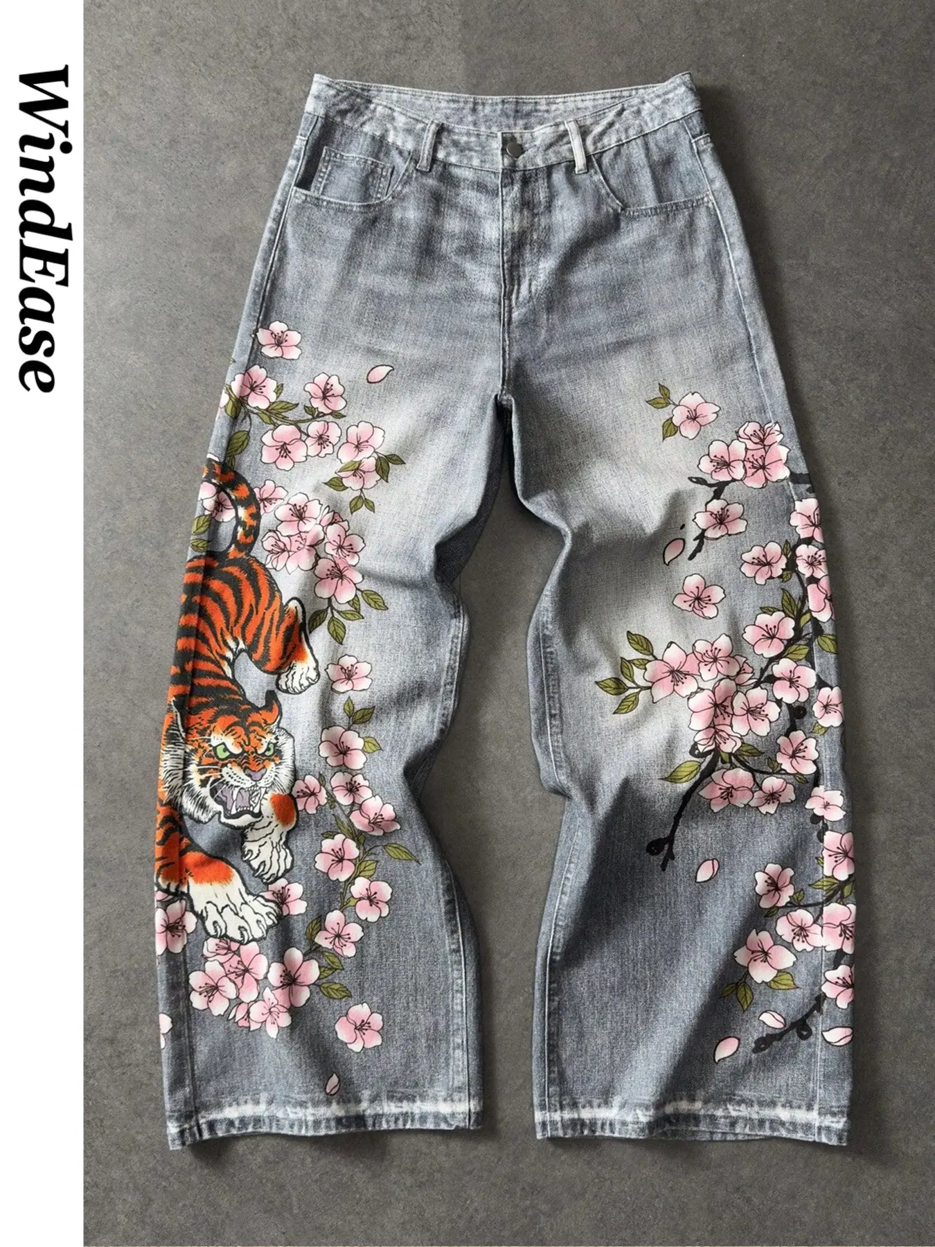 High-End Light Blue Vintage Cherry Tiger Floral Print Denim Jeans, Baggy Jeans Streetwear, Unisex Loose-Fit Ankle-Length Casual Streetwear, Fall Winter Trendy