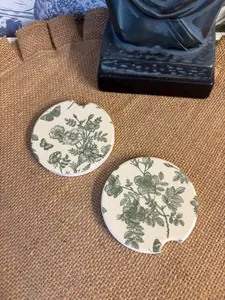 Victorian Green Toile Ceramic Car Coasters (Set of 2)