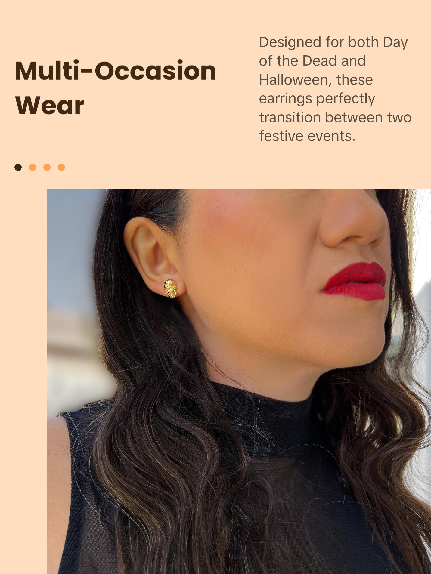 SONIA HOU Day of the Dead Skull Stud Earrings - 18K Gold Over Sterling Silver | S925 Dia De Los Muertos Chic Fashionable Exquisite Fashion Design