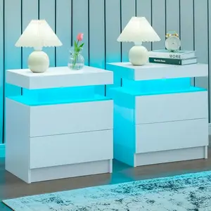 Modern LED Nightstand - Wood Drawer Indoor Furniture, Bedside End Side Table for Bedroom