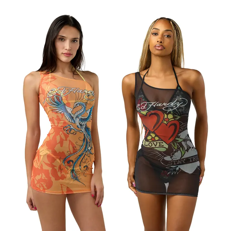 ed hardy sunset mesh dress Ed Hardy Tattoo Mesh Midi Dress - Multi Color