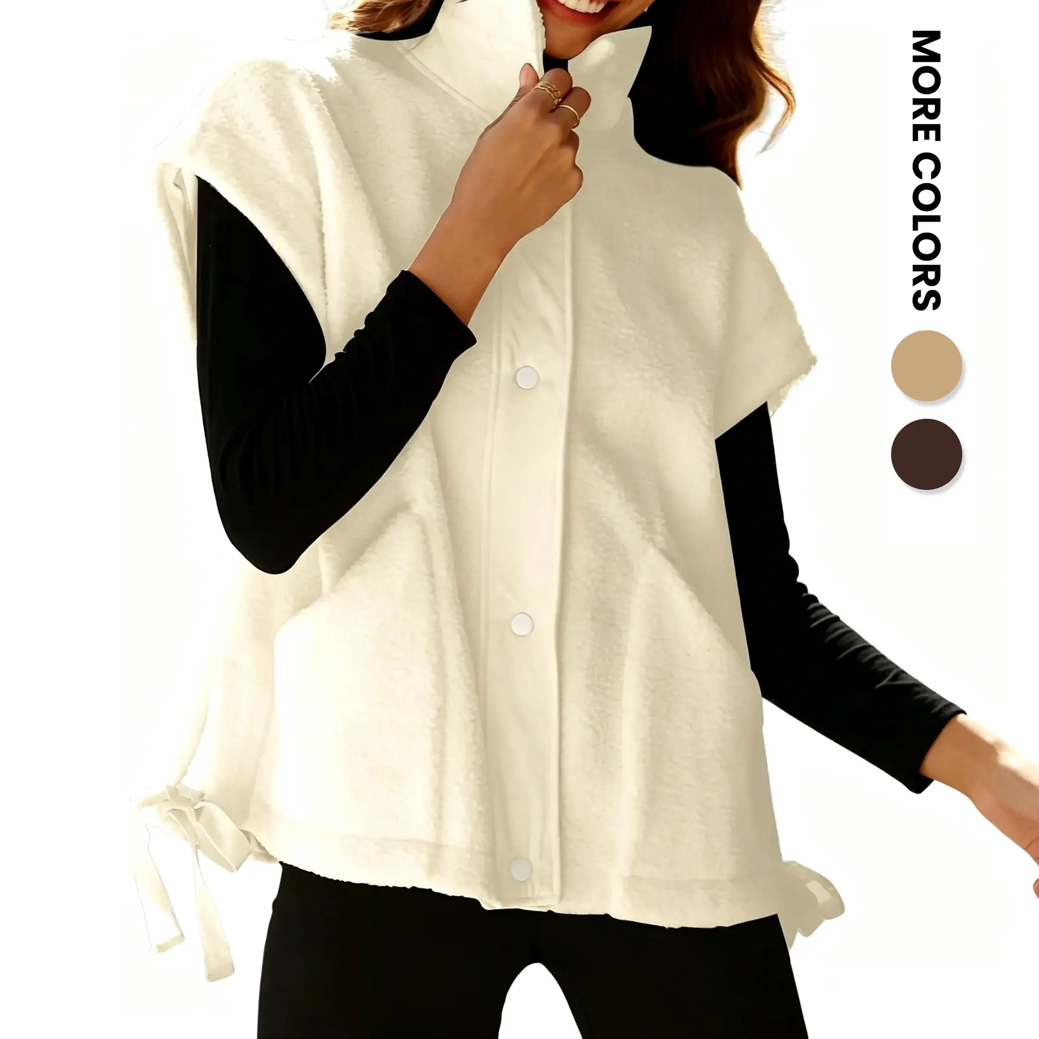 Renaishow Women's Baggy Plush Fleece Vest, Casual High Neck Sleeveless Outerwear with Snap Buttons and Pockets for Winter, Fabric, Basic, Solid, Medium Length, Fit, Loose, Imitation, Soft, Tops