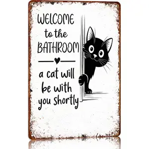 8*12inch Aluminum Fun Vintage Metal Bathroom Sign - "Welcome to the Bathroom - Cats Are Coming Soon" Black Cat Peeking Door Design - Rustic Wall Art for Home, Office, or Pet Lover Gift - Durable Aluminum Decor with No Wiring Needed, Bathroom Decor