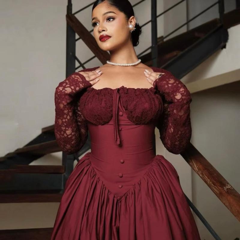 Lace Women's Cinderella's Corset Dress - Formal Wedding or Birthday Party Outfit in Burgundy - Womenswear dressy