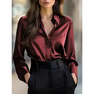 Autumn Solid Color Satin Button-Down Blouse Women's Elegant Long Sleeve V-Neck Office Lady in Coffee Brown Plus Size Fashion Tops for Fall Office Days Business Meetings - Fabric Shirts begin shirt tiki pink lady jacket original hood sweatshirt cute women