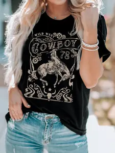 Bandit Top Western Cowboy Bull Pattern Women's T-Shirt, Vintage Skull Floral Denim Racing Shirt, Western Retro Shirt