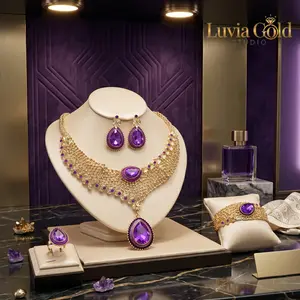 4Pcs 18 K Gold Plated Alloy Purple Teardrop Jewelry Set for Women. Vintage Filigree Statement Choker Necklace Earrings Bracelet Ring. For Daily Wear, Bridal Wedding, Prom Banquet and Mother's Day Gift Luvia Gold Studio