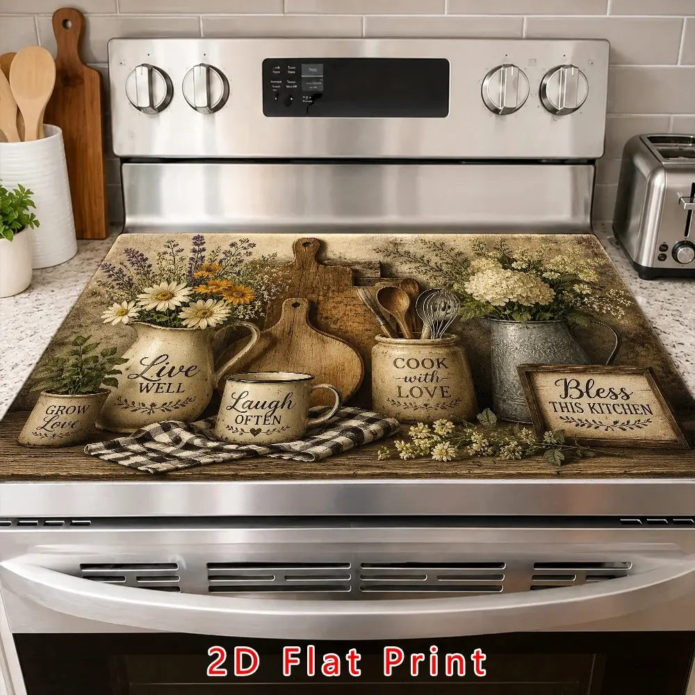 2D Flat Vintage Farmhouse Stove Cover Mat, Heat Resistant Linen Kitchen Protector, Wear & Stain Resistant Reusable Mat for Glass Cooktop, Oven, Washer & Dryer, Easy Clean Kitchen Decor, 11.8 x 17.7 Inch