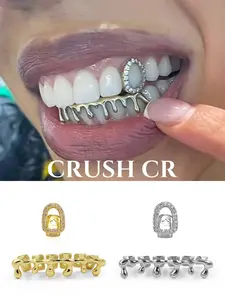 CRUSH CR 2pcs Copper 14K Gold Plated Star-CZ & Drip Grillz Set, Gold/Silver Options, Unisex Hip-Hop Tooth Jewelry For Black Women,Clean  Girls & Men, Suitable For Parties, Street Fashion & Daily Wear Tooth Gems