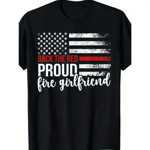 Proud Firefighter Girlfriend Patriotic Black T-Shirt With American Flag Design - Casual Cotton Short Sleeve Round Neck Ultra Comfy Tee