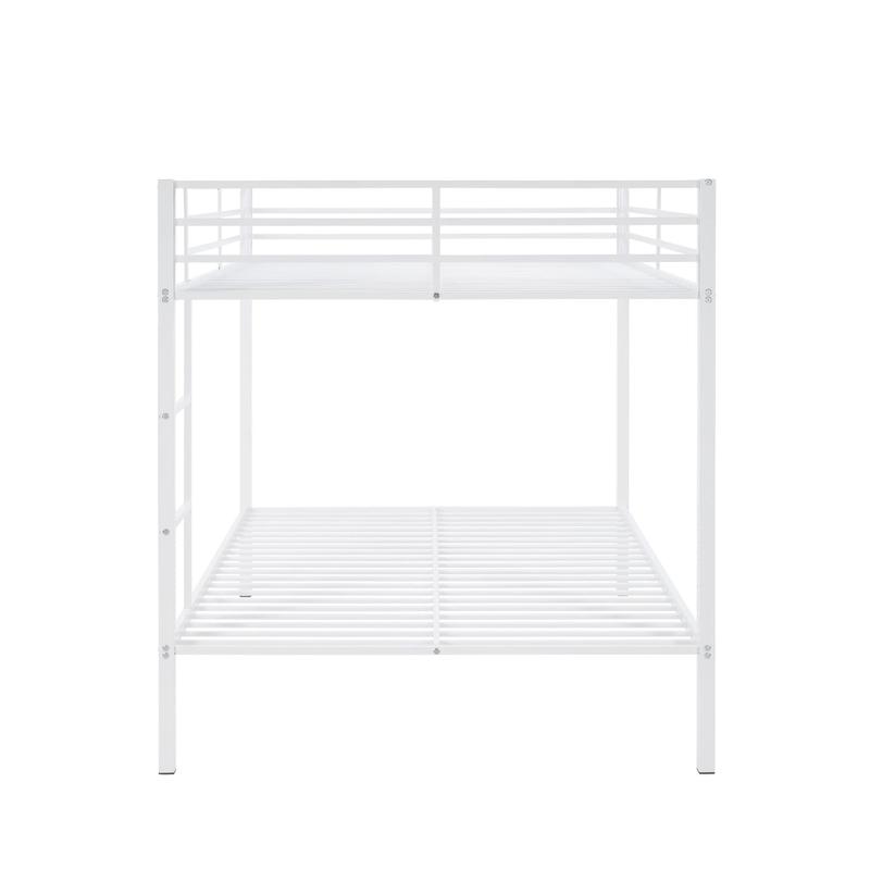 Full Over Full Bunk Bed, Heavy Duty Metal Bunk Bed Frame with Built-in Ladder and Safety Guard Rail, Low Metal Bunk Bed Frame for Kids, No Boxspring Required, For Small Spaces, White