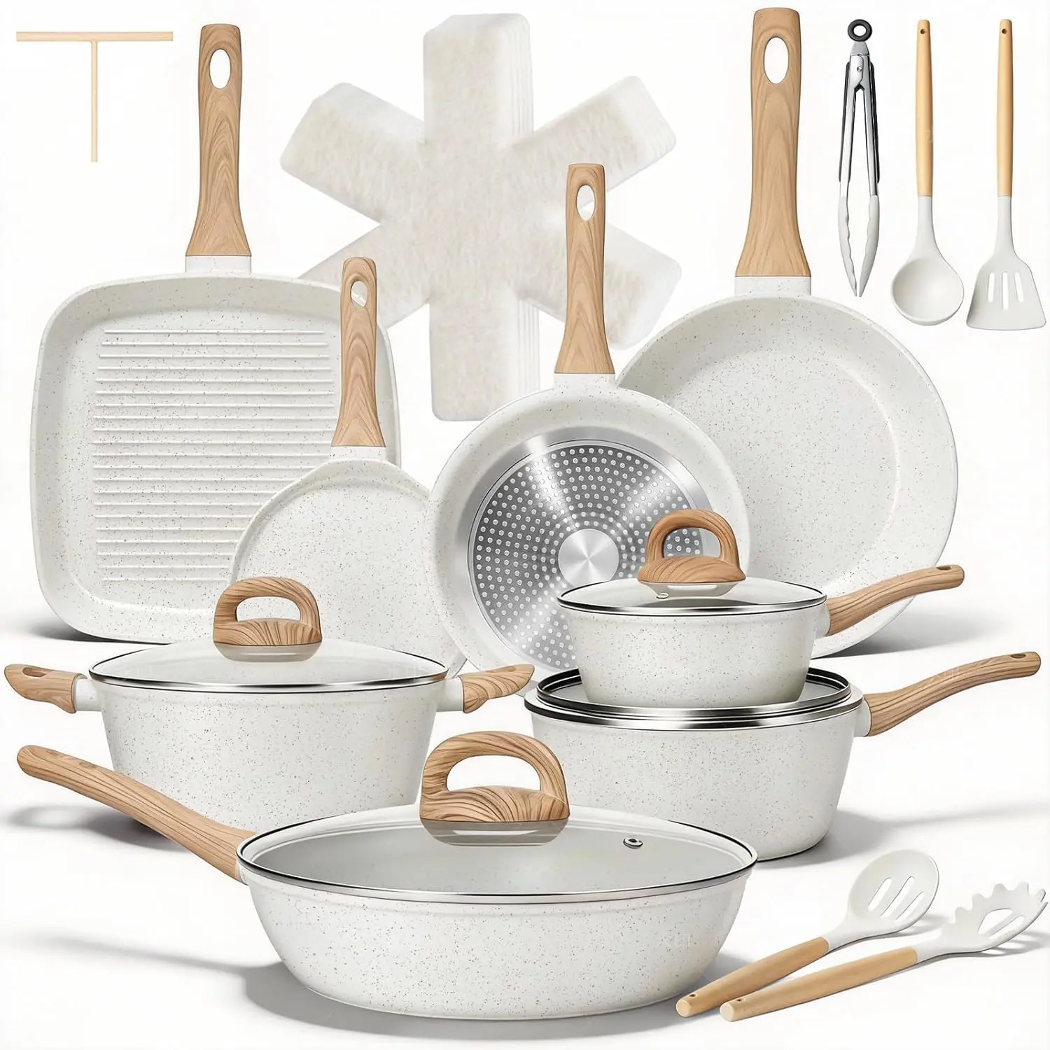 25-Piece Thick Aluminum Cooking Pot Set, Nonstick Ceramic Cream White Granite Cookware Set with Silicone & Steel Components, Healthy Non-Toxic, PFAS/PTFE/PFOA-Free, Large Capacity, Induction-Compatible, Includes Frying Pans & Saucepans, Granite Cooking Se