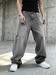 Men's Casual Loose Fit Wide Leg Pocket Jeans, Plain Dark Washed Denim Long Pants, Y2K Fashion Vintage Streetwear Style Gift, Menswear