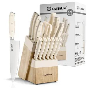 14-Piece Cream Kitchen Knife Set with Wooden Block, German Stainless Steel Blade, Self Sharpening Design, Dishwasher Safe