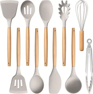 Silicone Cooking Utensils Set with Wooden Handle (10pcs/set), Non-stick Spatula Set, Kitchen Cooking Utensils Set, Birthday Gift Ideas, Heatproof