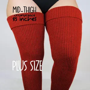 Plus Size Thigh High Socks - Brick Color / Ribbed Style / Acrylic