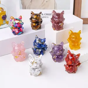 Random Color Natural Crystal Gravel Heart Fox Statue, 1 Count Resin Reiki Stone Divination Fengshui Sculpture, Room Home Decoration, Home Ornament