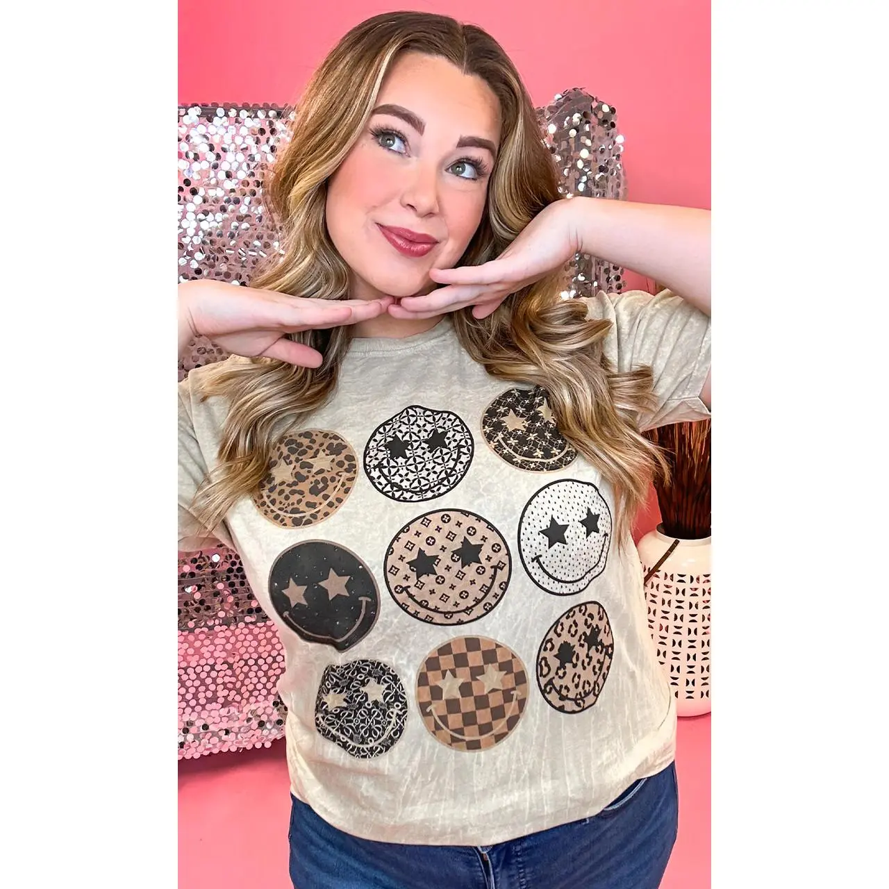 Tees2urdoor Women's Taupe Preppy Smiley Graphic Tshirt - Mineral Washed 100% Cotton Shortsleeve with a Casual Unisex Fit, Fits, Basic