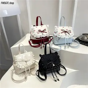 Women's Polka Dot Lace Bow Mini Bucket Bag, lightweight small backpack designed with adjustable straps. Boasting charming Coquette and Y2K aesthetic, it’s perfect for school, travel and daily matching with lovely summervibes.