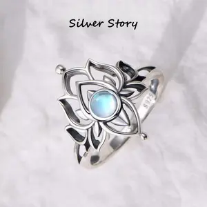 925 Sterling Silver Moonstone Lotus Ring for Women, Vintage Witchy Floral Statement Ring, Adjustable Boho Spiritual Jewelry, Hypoallergenic Gothic Lotus Flower Ring with Blue Moonstone, Unique Gift for Her