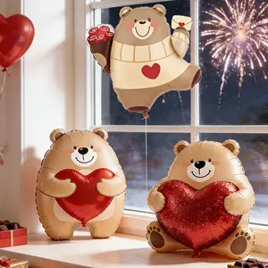 3pcs Cartoon Standing Bear Balloons for Valentine's Day and Weddings, Heart-Shaped Foil Decoration for Parties and Anniversaries, Balloon Animals