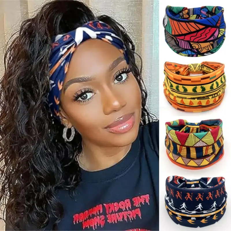 4 Pack Wide Headbands for Women, African Print Wraps with Boho Knot Detail, Soft Stretch Anti-Sweat Hair Bands for Yoga & Workout, Anti-Sweat Headbands, Headbands Hairstyle