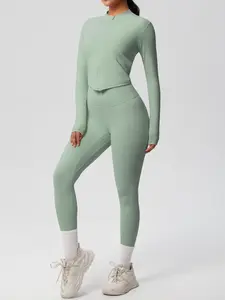 Women's Solid Long Sleeve Zip Up Crop Jacket & Leggings Tracksuit Set, Athletic Sporty Breathable Comfy Outfits for Yoga Gym Workout Running, Jogging Sets for Women, Gym Clothes, Ladies Sportswear for All Seasons, Tracksuit Set