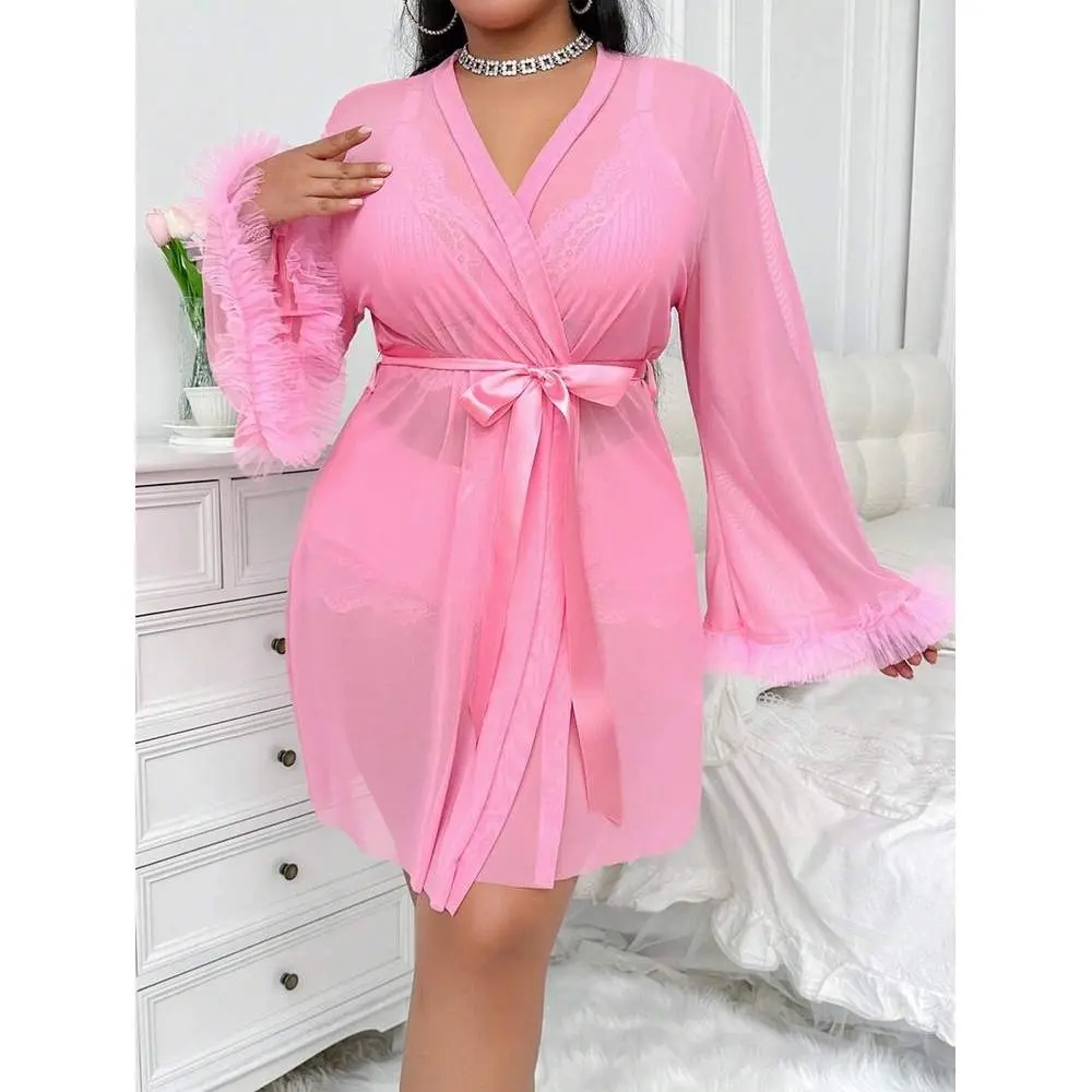 3pcs Set: Lace Trim Cami Shorts + Stand Collar Wide Sleeve Mesh Kimono Robe, Plus Size Crop Day