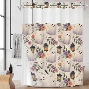 1 Pack No Hook Double Layer Shower Curtain, Cute Ghost & Lantern Print Bath Curtain, Machine Washable, Waterproof, Mildew Resistant, Durable Fabric, Halloween Bathroom Decor, Removable Liner, Top See-Through Window, Partition Curtain 71"×74"