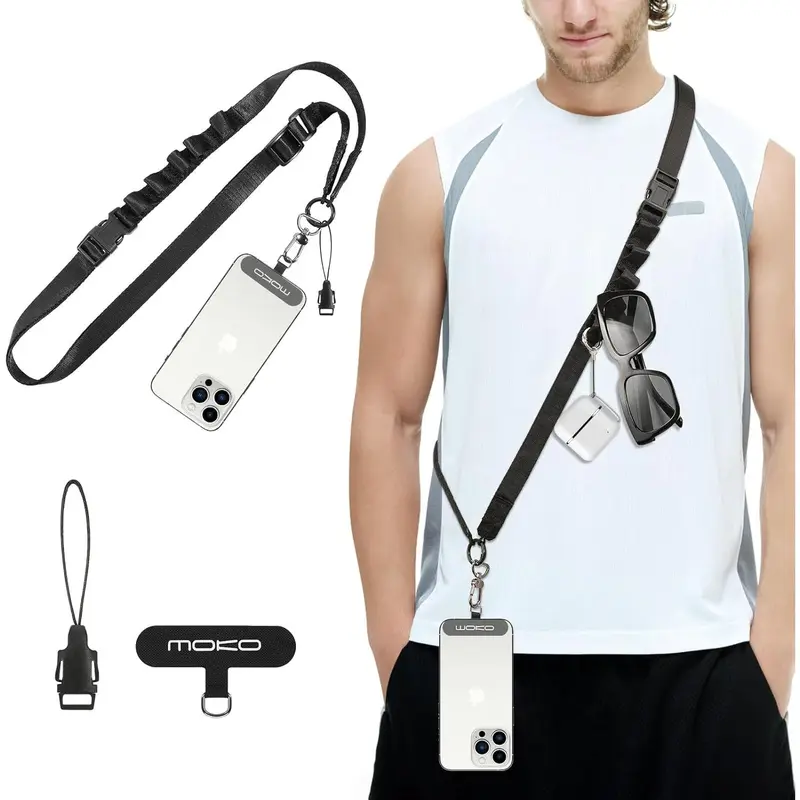 MoKo Universal Phone Lanyard - Adjustable Nylon Crossbody Strap with Detachable Patch Hands-Free for iPhone & Most Smartphones - Black - Army Green