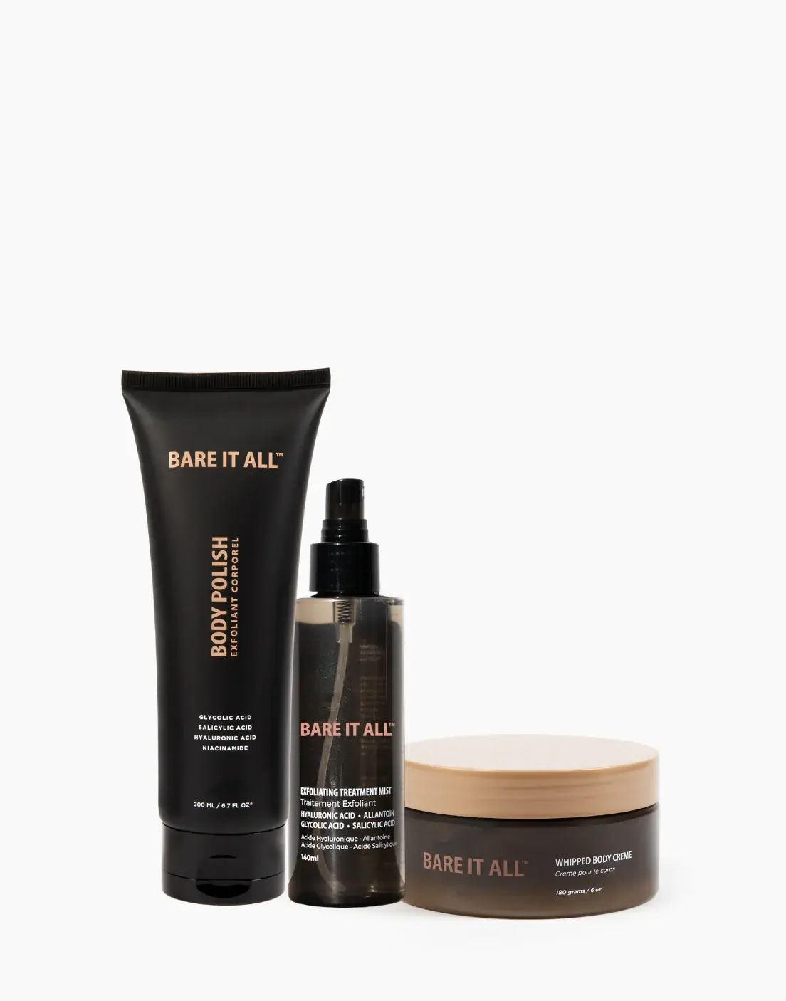 Bare It All Skin KP Smoothing Kit - 3-Piece Keratosis Pilaris Treatment Set - Body Polish 200ml, Exfoliating Mist 160ml & Whipped Créme 180g - Glycolic Acid, Niacinamide & Caffeine - Clears KP, Bumps & Ingrown Hairs - Vegan - For Women