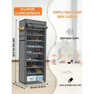 10 Tier Shoe Rack With Covers,Large Capacity Stackable Tall Shoe Shelf Storage To 50-55 Pairs Shoes And Boots Sturdy Metal Free Standing Shoe Rack Organizer For Closet Entryway Garage Plastic Light Grey