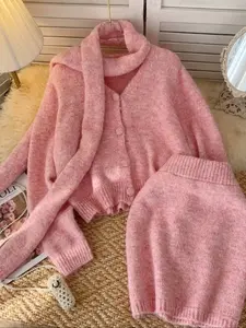 Soft Knit Fitted Set V Neck Button Front Cardigan Matching Skirt & Scarf Combo, Elegant Women's for Fall & Winter Seasons