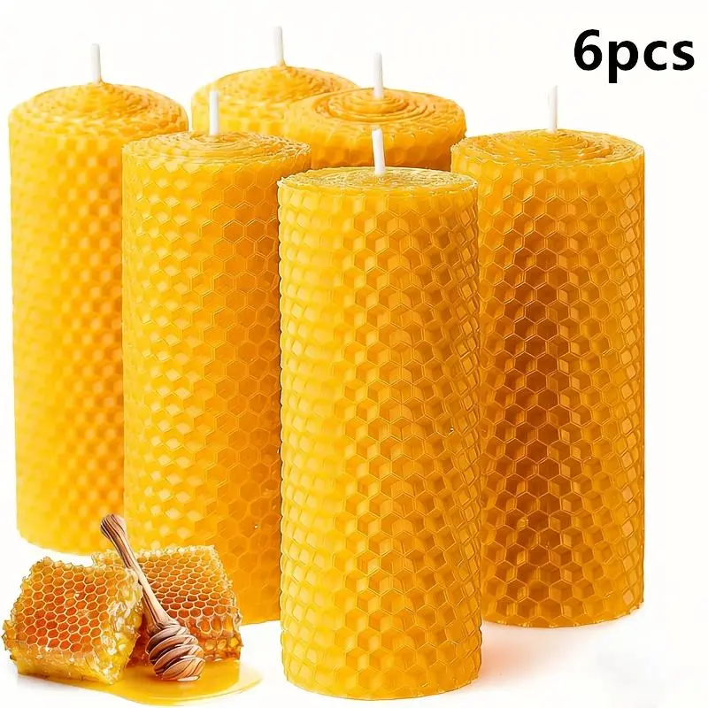 6pcs yellow beeswax pillar candles 3.5x10cm handmade rolled honeycomb texture unscented mild honey aroma clean burning home holiday mood lighting decorative souvenir gift
