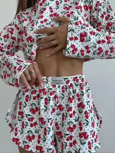 2-Piece Cherry Colorblock Knit Set, All Seasons Must-Have: Cherry Red Colorblock Knit Set | Loose Fit Long Sleeve Tee with Side Slits & Matching  Shorts | Soft & Breathable Lounge Outfit