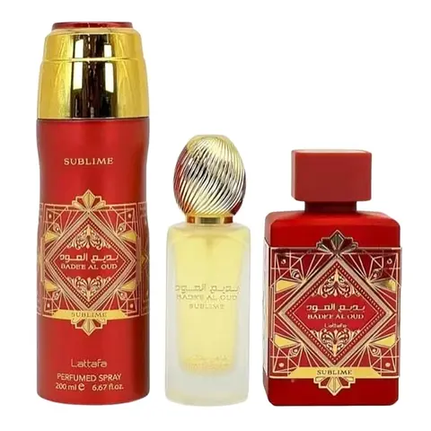 (3pc Gift Set) Badee Al Oud Sublime 3.5oz EDP + 200ml Body Spray + 1.7oz Hair Mist by Lattafa