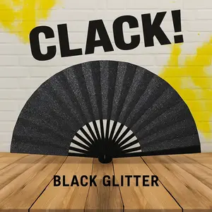 Black Glitter Clack Fan: Oversized Folding Hand Fan