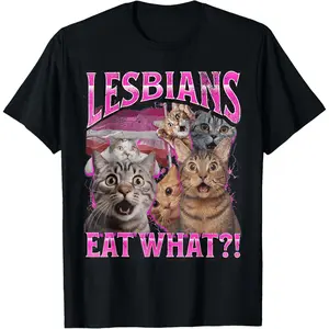 100% Cotton Lesbians Eat What?! Funny Cat Gay Pride LGBTQ Pun T-Shirt