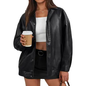 Trendy Queen Women's Oversized Faux Leather Jackets - Textured Bomber Moto Style Zip Up Coats for Fall Winter Spring
