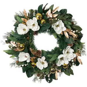 White Gold Magnolia Lighted Christmas Wreath