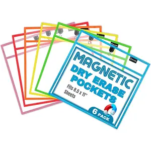 Magnetic Dry Erase Pockets (6-Pack) - Landscape - Clear Dry Erase Pocket Sleeves, Job Shop Ticket Holders, Clear Paper Sleeves Protectors, Magnetic Pouch