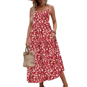 ZEAGOO Womens Summer Long Dress Adjustable Spaghetti Strap Floral Casual Dress with Pockets Flowy Tiered Beach Sundress