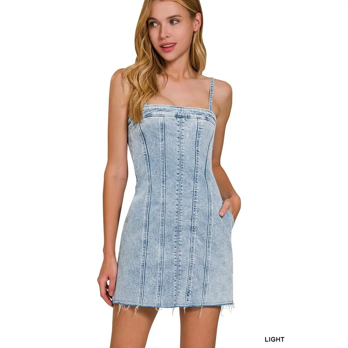 Zenana Spaghetti Strap Exposed Seam Light-Wash Dress