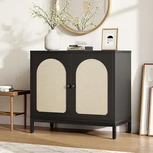 Natural Rattan Buffet Cabinet with Metal Legs, Arched Doors, Functional Storage, Adjustable Shelves, Easy Assembly, Walnut-Black Indoor Furniture for Living Room, Hallway