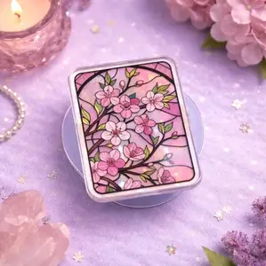 Cherry Blossom Stained Glass MagSafe Phone Grip, Sakura Floral Aesthetic Magnetic Phone Holder, Cute Pink Spring Flower Gift, Kindle Popgrip