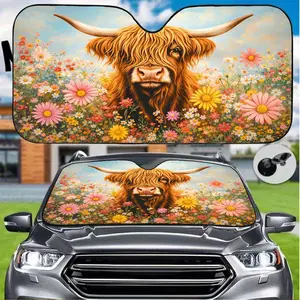 1pc Windproof And Sunshade Featuring a Highland Cow And Wildflowers, Designed Your Car from UV Rays And Keep It Cool. It Is Foldable for Convenient Storage As an Interior Accessory And Comes with Elastic Straps to Fit Most Car Models